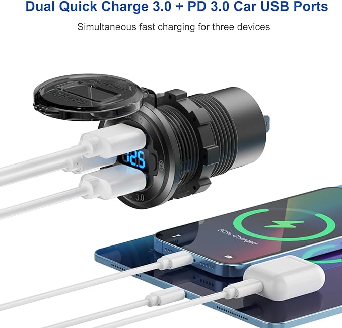 12V USB Outlet Marine Switch Panel Plug, PD3.0 and Dual QC3.0 USB Ports - Image 2