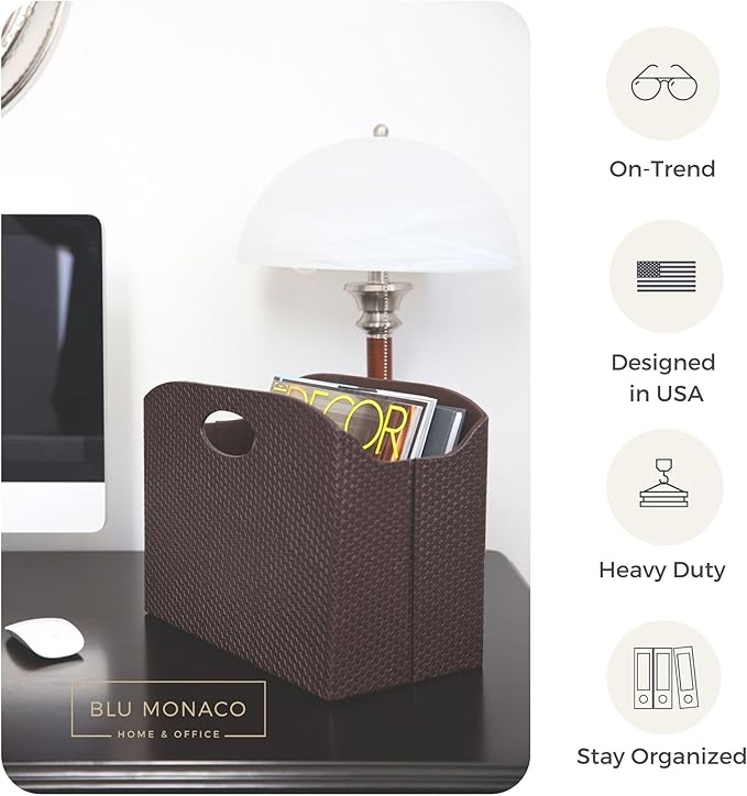 BLU MONACO | Brown Woven Leather Magazine Holder | Storage Basket - Image 2
