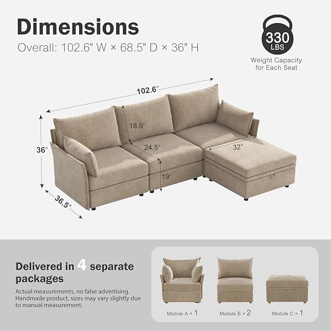 ABCASA 102.6" Modular Sectional Sofa, L Shaped Couch Set - Image 2
