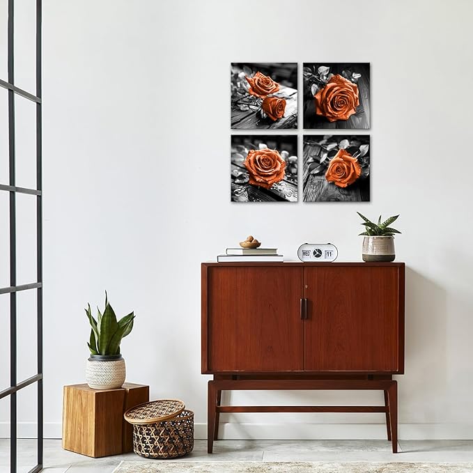 VANSEEING 4 Pieces Orange and Black Rose Flower Canvas Wall Art Floral Pictures - Image 3