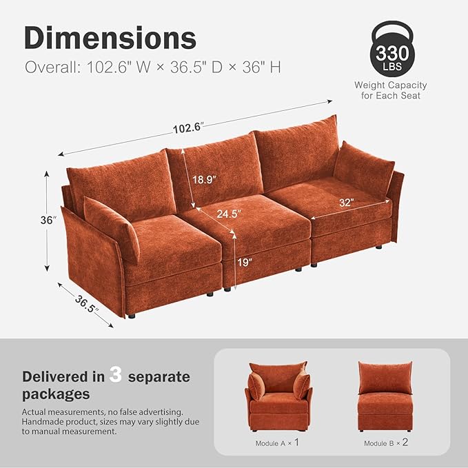 ABCASA 102.6" Modular Sectional Sofa, Oversized 3-Seater Terracotta Orange Couch - Image 2