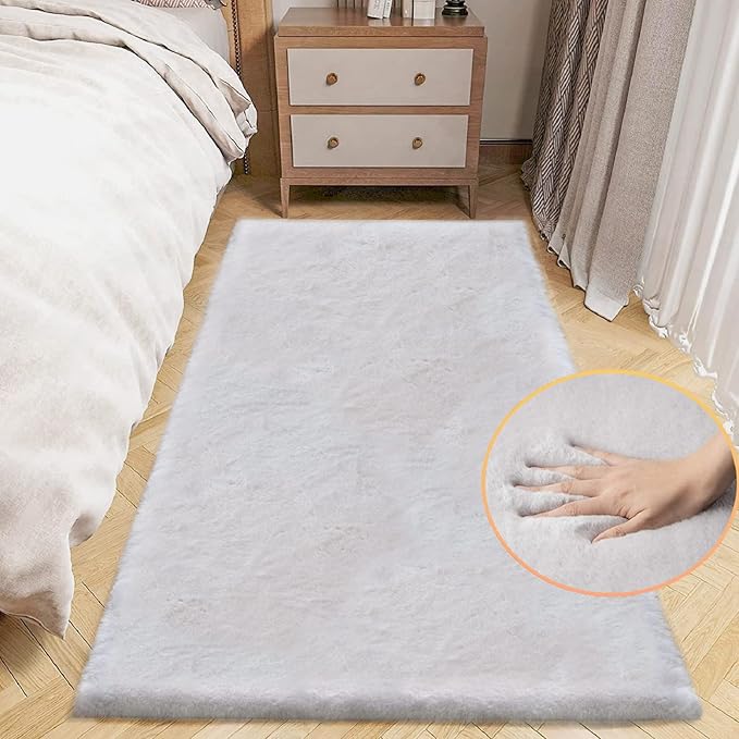Grey Fluffy Rug Runners for Hallways Rabbit Fur Rugs for Living Room Washable by ORINOVA
