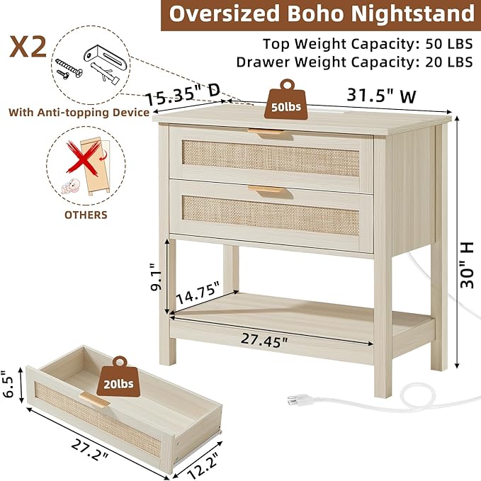 LEYAOYAO 31.5" Wide Rattan Night Stand Set 2 - Image 2