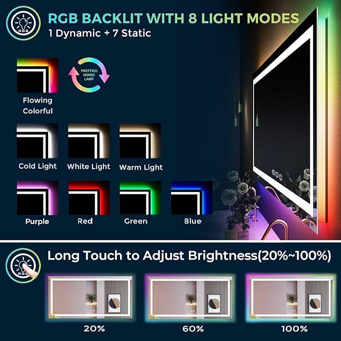 YEELAIT 68x36 Inch RGB LED Bathroom Mirror Front Light and RGB Backlit Lighted - Image 3