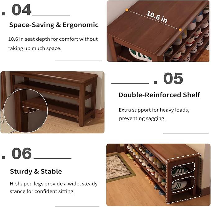 Shoe Rack Bench for Front Door Entrance, Solid Wood Shoe Bench for Closet - Image 5