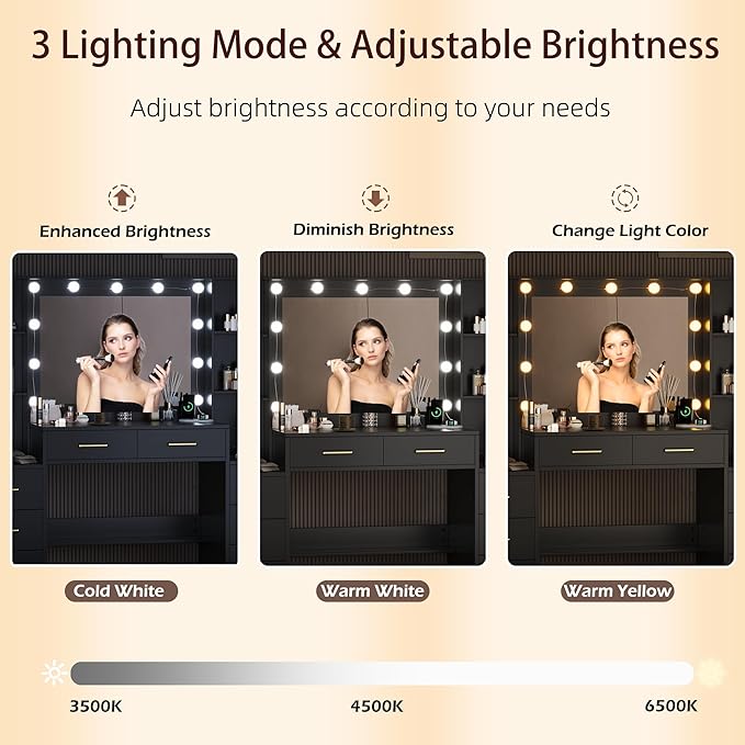Black Vanity Desk with Mirror, Lights & Charging Station, 58.3" 3 Lighting - Image 4