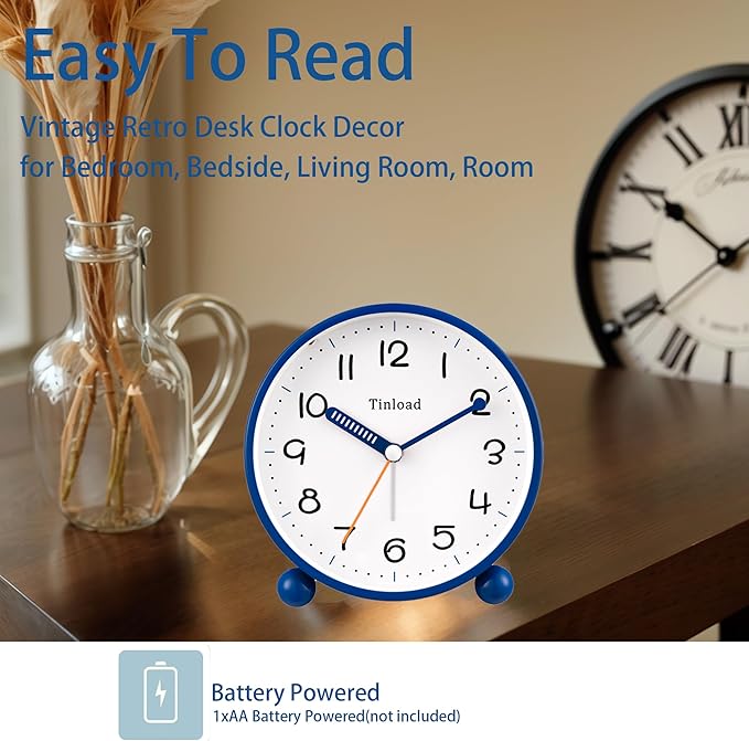 4.5" Antique Retro Analog Alarm Clock, Small Silent Battery Operated Clock - Image 2