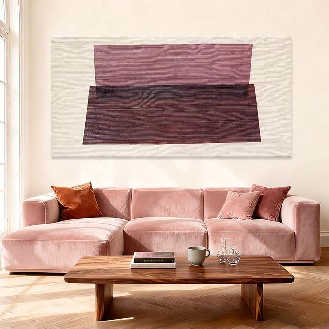YETHEN WAL Rose Pink Minimalist Wall Art Hand-Painted Line Canvas Painting - Image 5
