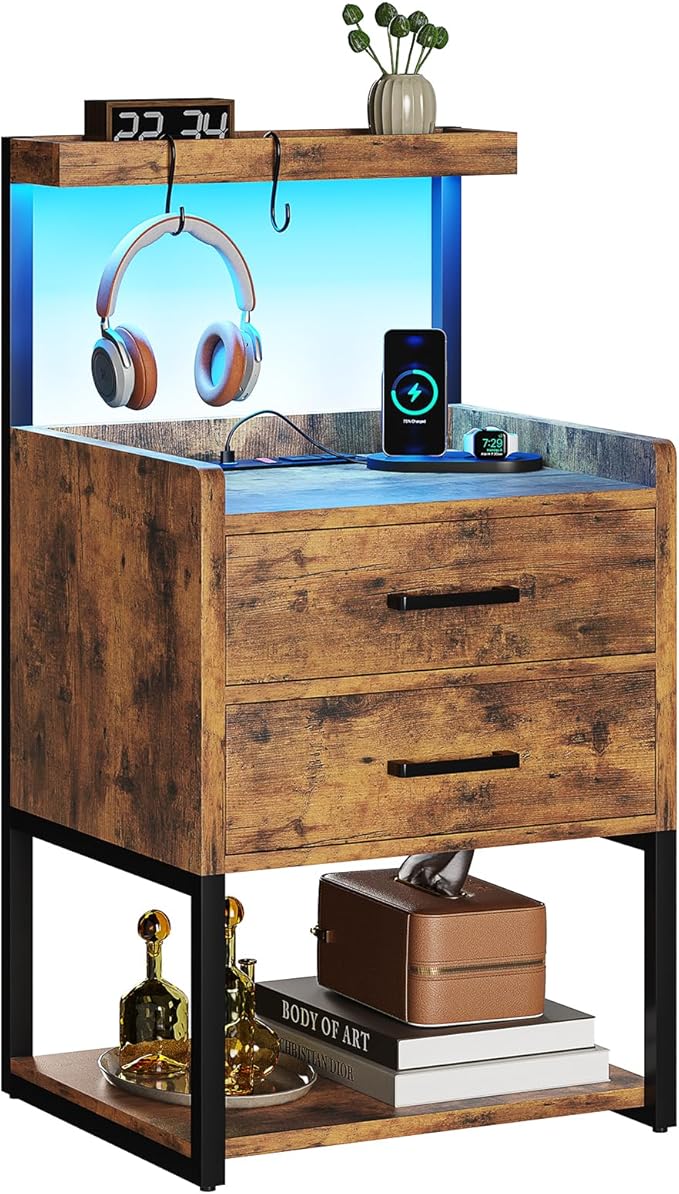 VIAGDO Nightstand with Charging Station and LED Lights, Rustic Brown Bedside - Image 9
