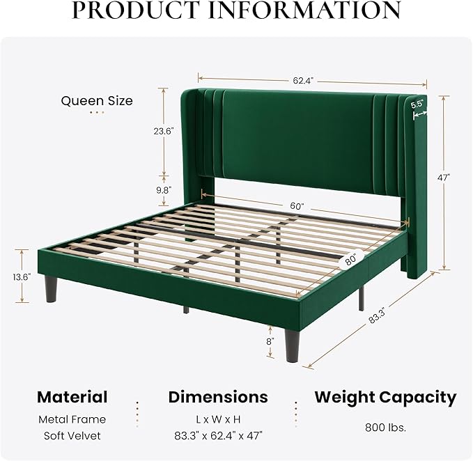 SHA CERLIN Queen Size Velvet Upholstered Platform Bed Frame - Image 2