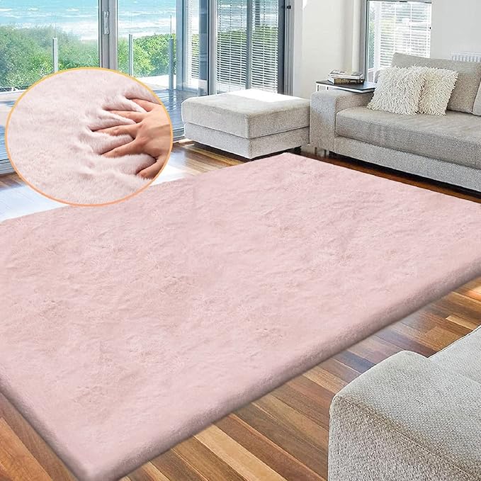 Shag Rug 6x9 Area Rugs for Living Room Pink Fuzzy Washable Faux Rabbit Furry - Image 2