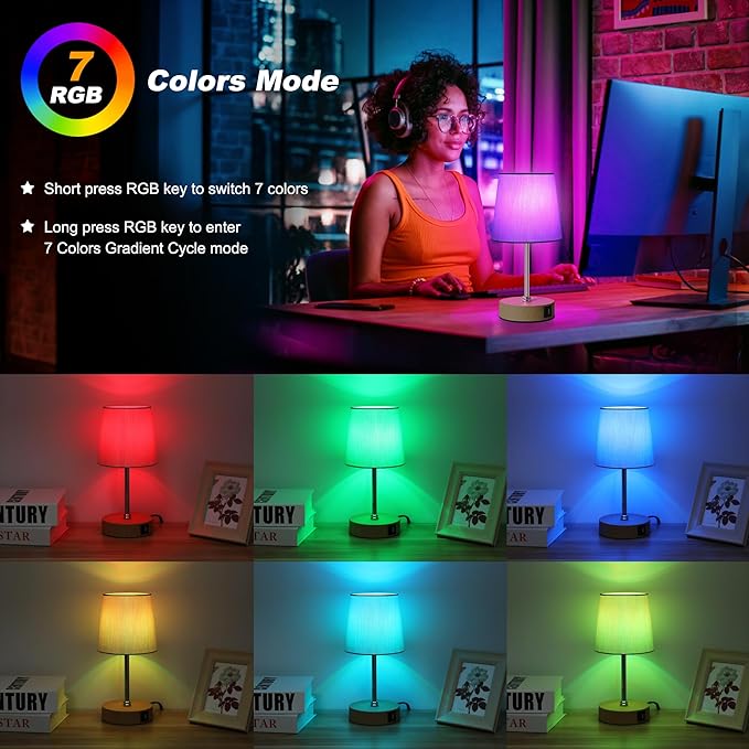 Ascher Small Bedside Table lamp Set of 2, RGB Color Changing Lamps, 3 Color - Image 4