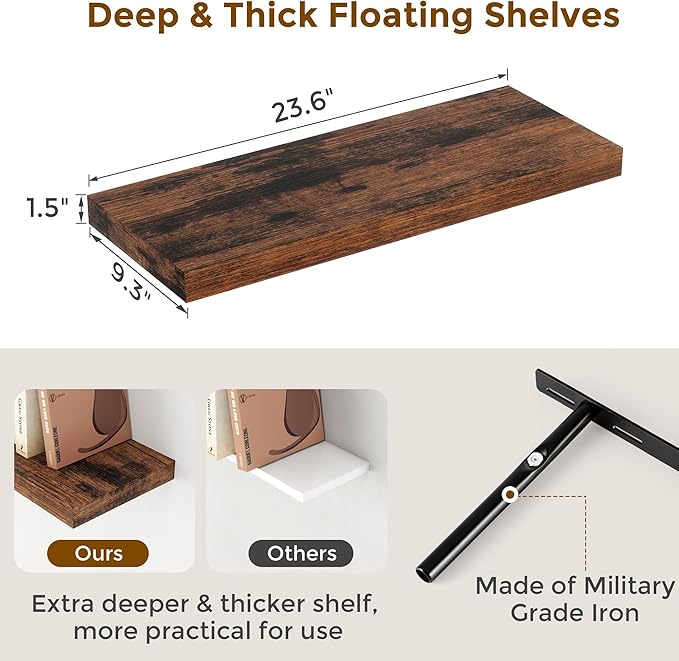 Floating Shelves for Wall, 24 x 9.3 Floating Shelf Wall-Mounted, Rustic Wood - Image 3