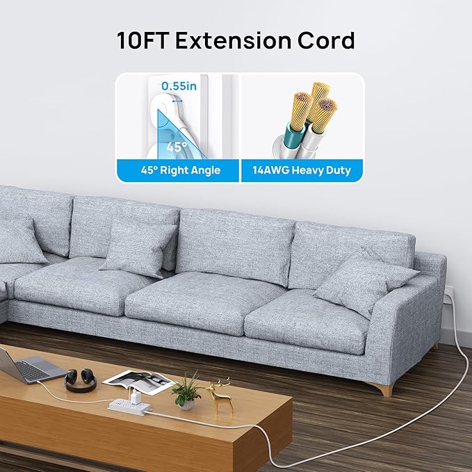 TROND Surge Protector Power Strip 10ft, ETL Listed, Flat Plug Long Extension - Image 2