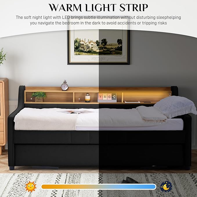 Twin Size Daybed with Pop Up Trundle Bed, Linen Fabric Upholstered Day Bed - Image 7