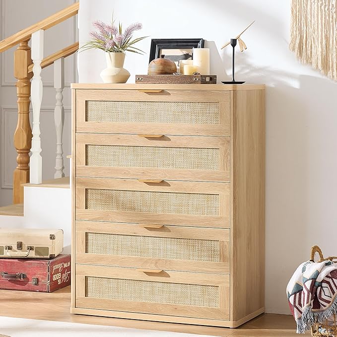 LEYAOYAO Rattan Dresser for Bedroom Set 2, Modern 5 Drawers Boho Dressers - Image 7