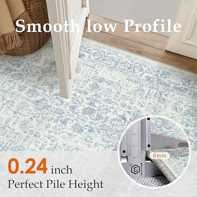 Blue Runner Rug 3x7 Hallway Machine Washable Kitchen Vintage Distressed Non - Image 3