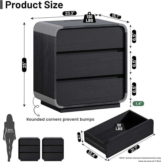 Modern Black Nightstand with Charging Station, End Table with 3 Storage Drawers - Image 2