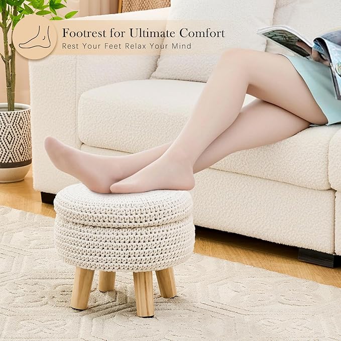 LGENHOOM Round Storage Ottoman Foot Rest Cotton Braided Foot Stool Pouf Ottoman - Image 4