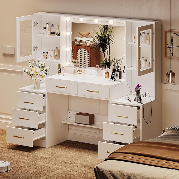58.3”Vanity Desk with Mirror and Charging Station, Bedroom Dressing Table - Image 5