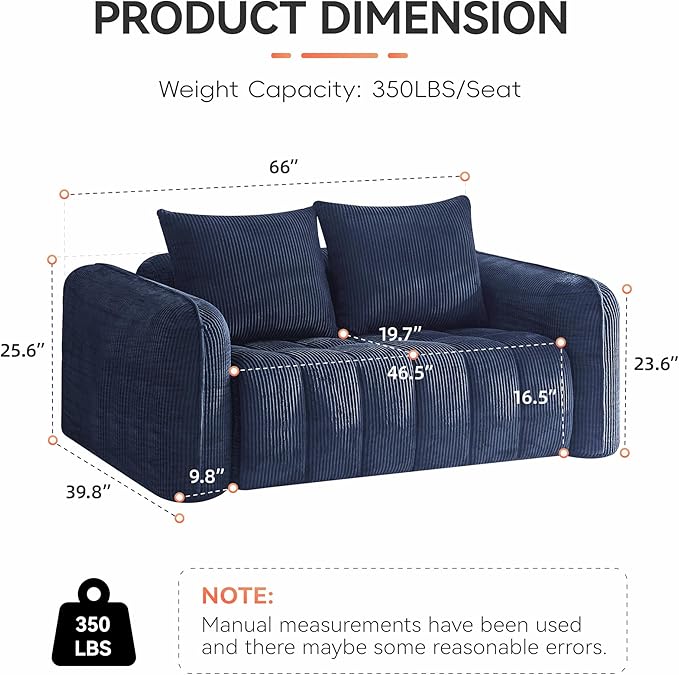 66'' Boneless Corduroy Loveseat Sofa, 2 Seater Tufted Deep Seat Couch - Image 2