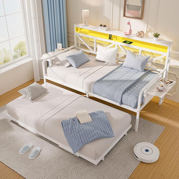 Daybed with Trundle, Heavy Duty Metal Twin Bed Frame with LED Lights & 2-Tier - Image 4
