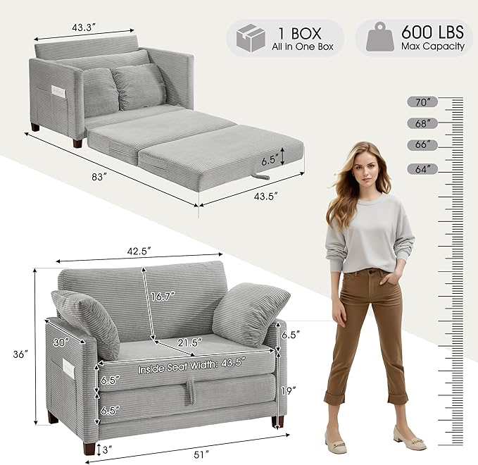51" Loveseat Sleeper Sofa Bed, Corduroy Convertible Floor Sofa Bed - Image 2