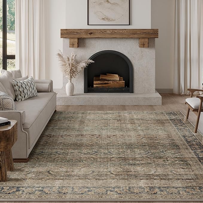 FMFUNCTEX 8x10 Washable Area Rug Brown Vintage Neutral Distressed Large Non by Fmfunctex