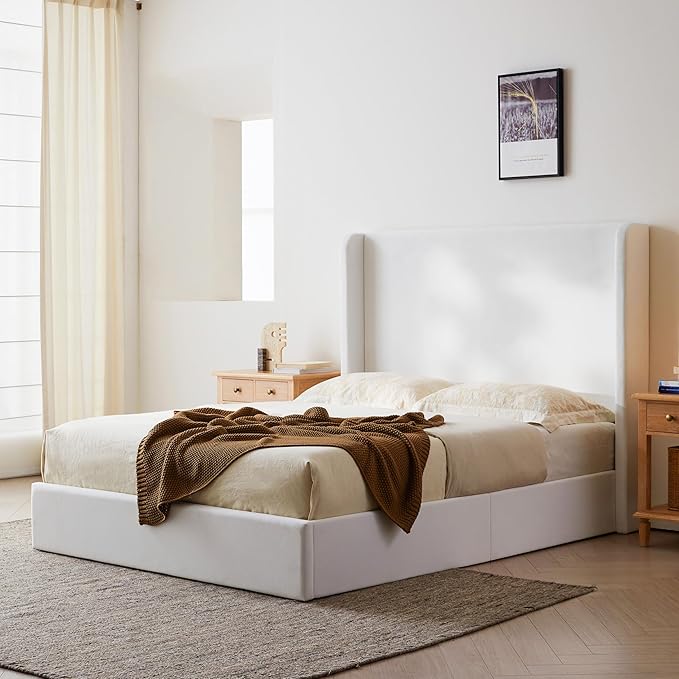 King Size Upholstered Bed Frame, 52.3" High Headboard Carmen Wingback Bed Frames - Image 3