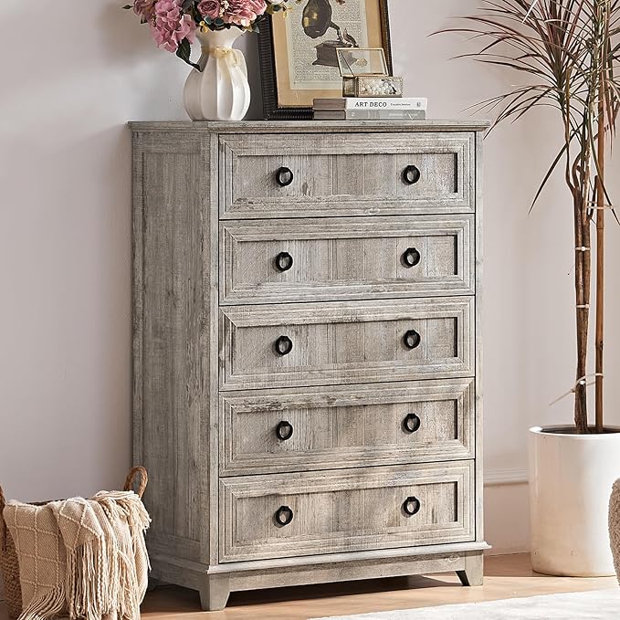 Farmhouse 5 Drawer Dresser for Bedroom, Rustic Wood Dresser by Joaxswe