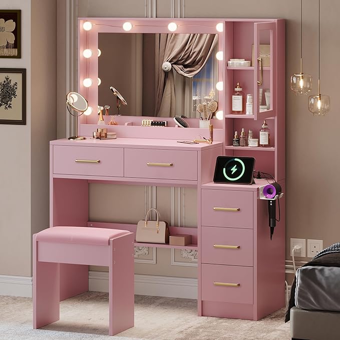 Makeup Vanity with Lights & Charging Station, Vanity Desk with Mirror & Lights by TOKSOM