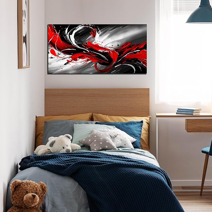 Black White and Red Abstract Print Picture Painting Large Canvas Wall Art - Image 5