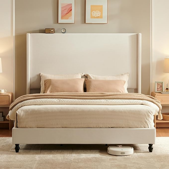 Queen Bed Frame with 63" Tall Headboard, Horizontal Fine Corduroy Bed Frame by LUXOAKAddMoreStyletoHome