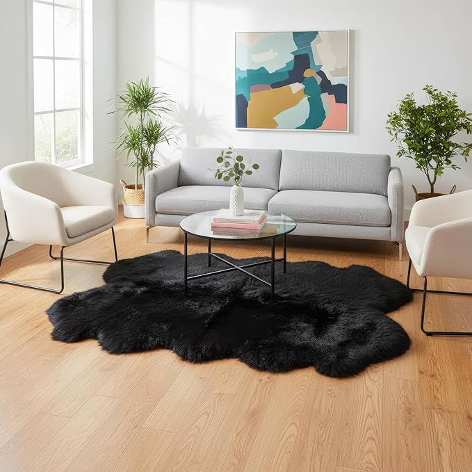 Black Sheepskin Rug 4x6 ft, Genuine Quad Pelt Fluffy Fur Area Rug by SuperAreaRugs