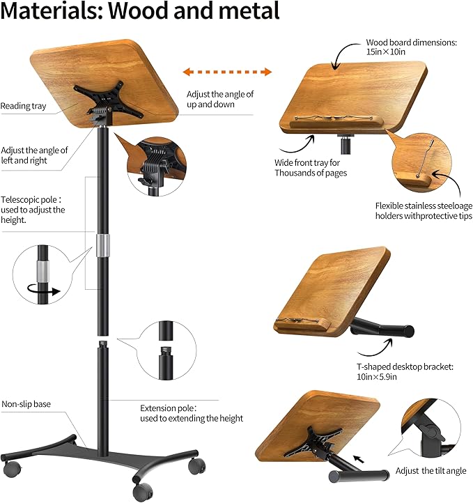 NAMON Rolling 2-in-1 Dual-use Floor & Desktop Book Stand, 100% Solid Wood - Image 7