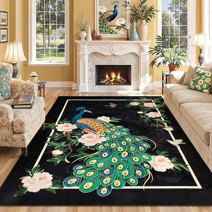 Lahome Peacock Washable Rugs 5x7, Soft Black Rug by Lahome