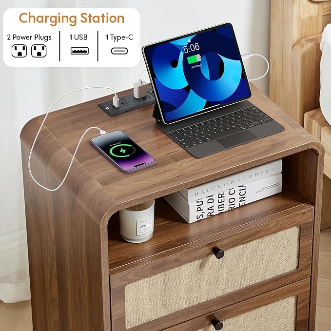 Set of 2 Night Stand with Charging Station, 19.7" Wooden Side Table Curved - Image 4