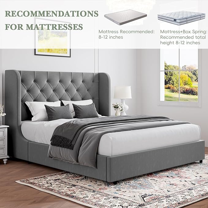 HOMBCK Grey Queen Bed Frame, Velvet Upholstered Platform Bed Frame - Image 6