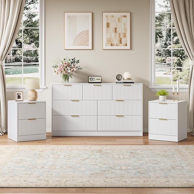 7 Drawer Dresser & Nightstand Set 3-Piece, 55” Wide Bedroom Dresser Set Night by NOVAMAISON