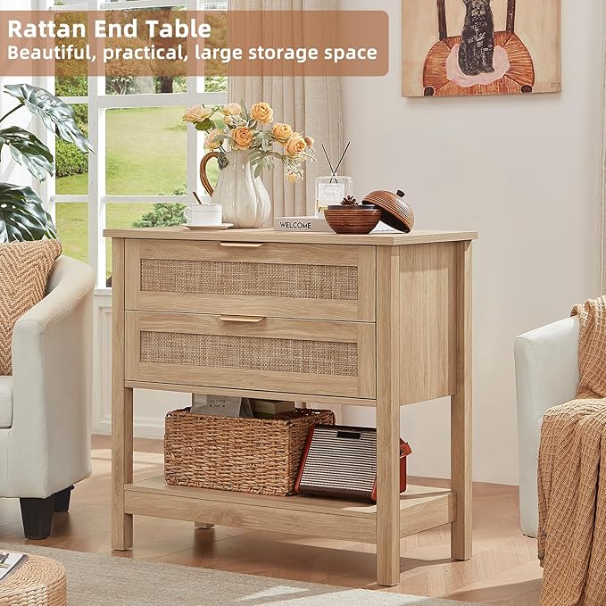 LEYAOYAO 31.5" Wide Rattan Night Stands Set 2, Oversized Large Boho Nightstand - Image 5