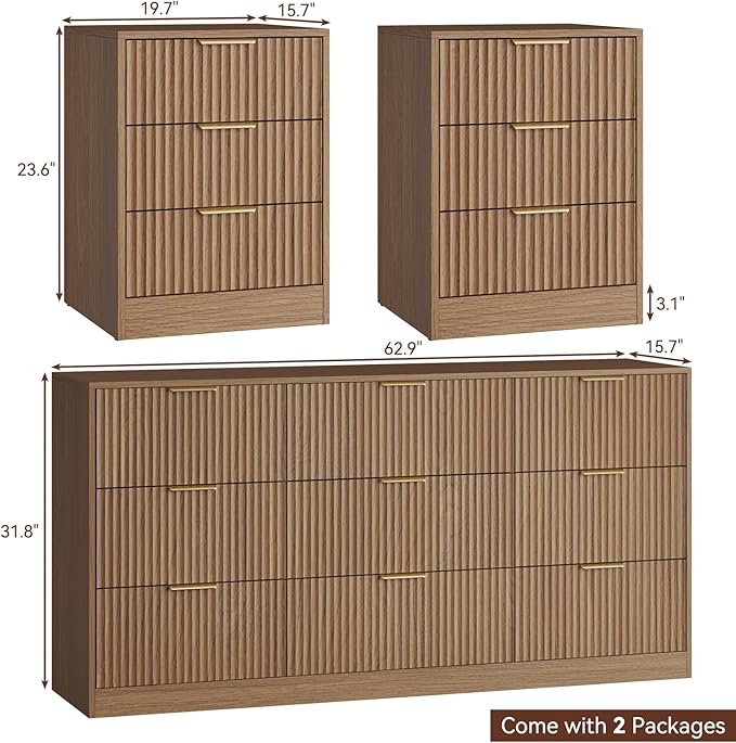 Fluted Dresser & 3 Drawer Nightstand Set 3-Piece, 63” Long 9 Drawer Dresser and - Image 2