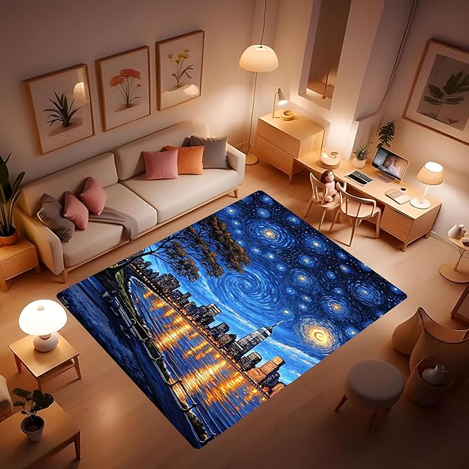 Machine Washable 5' x 7' Oil Painting-Style Area Rug, Bule Floor mat, Suitable - Image 3