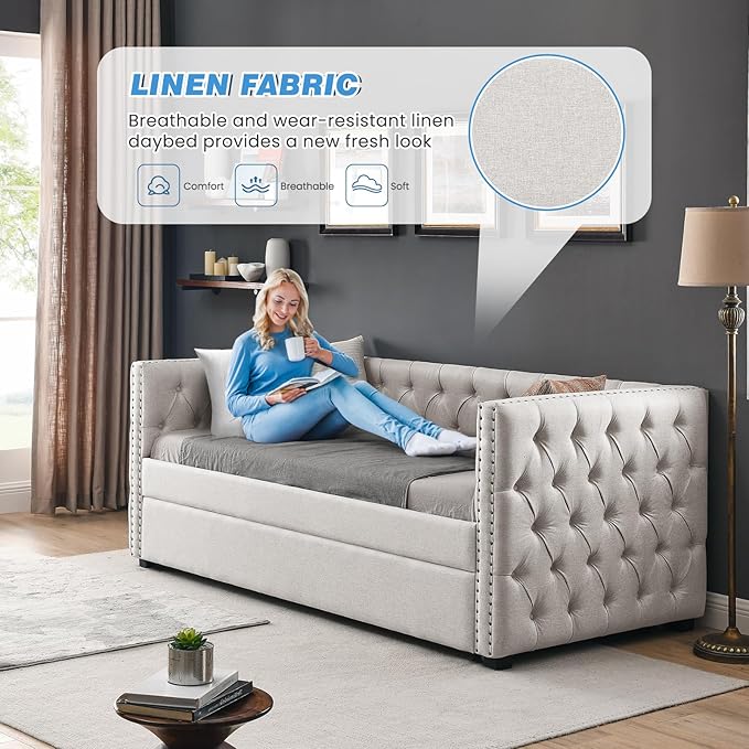 Antetek Daybed with Trundle, Upgraded Linen Upholstered Twin Size Day Bed - Image 7