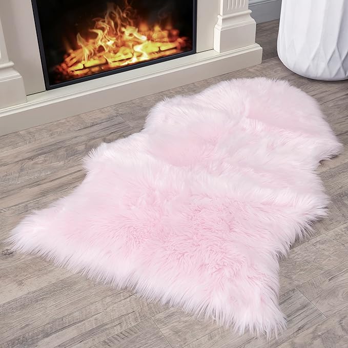 Silky Soft Faux Fur Rug, 2 ft. x 3 ft. Pink Fluffy and Shaggy Sheepskin Area by WalkonMe