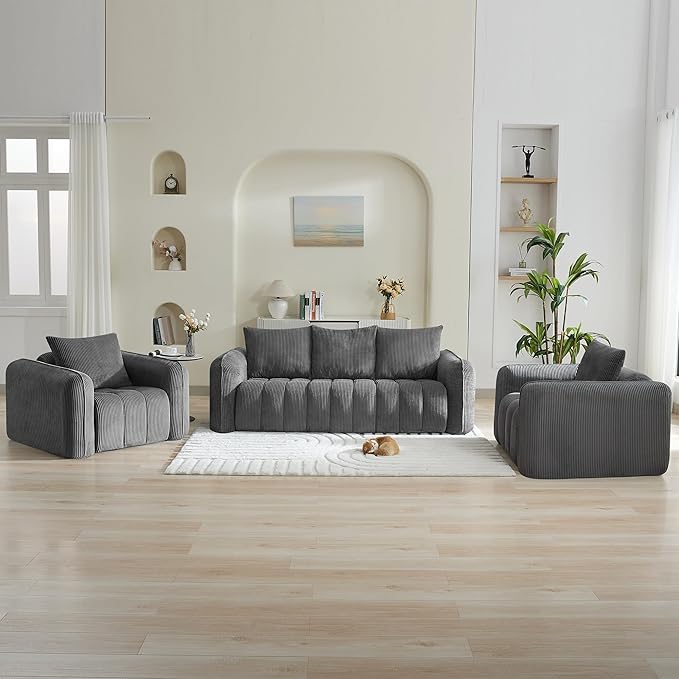 Corduroy Boneless Living Room Sets, Modern Upholstered 3 Seater Sofa by WUTUTUEE