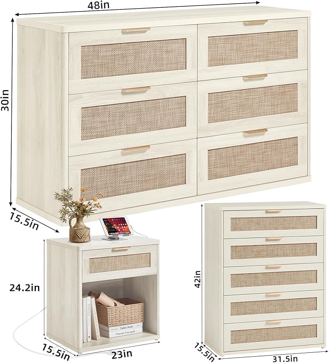 LEYAOYAO Rattan Dresser and Nightstand Set of 3, Boho Wood Dresser - Image 3