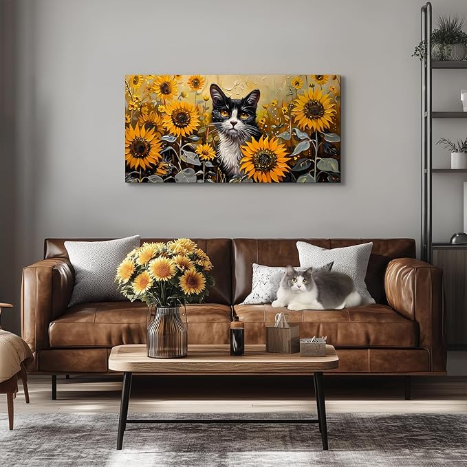 SERIMINO Large Wall Art Canvas Prints, Sunflower Cat Wall Art Aesthetic - Image 3