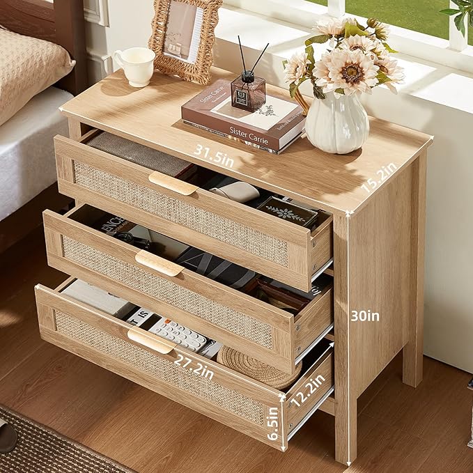 LEYAOYAO 31.5" Wide Rattan Nightstand, Large Boho 3 Drawer Night Stand - Image 2