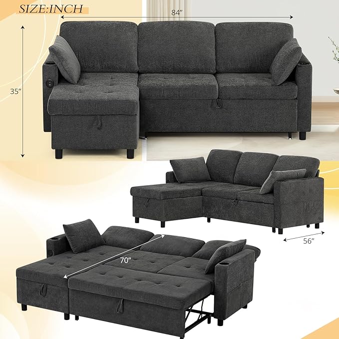 84" Fabric Pull Out Sofa Bed w/Adjustable Backrest, L-Shape Modern Sleeper Sofa - Image 3
