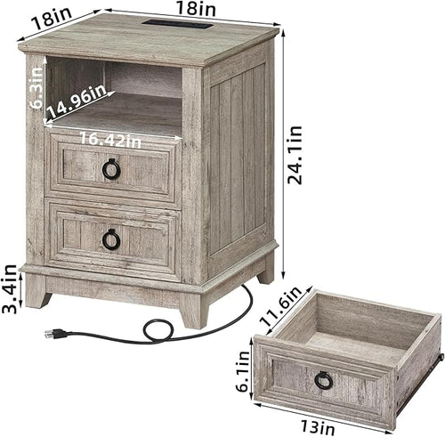 18" Farmhouse Night Stand with Charging Station, 2 Drawers End Table Dresser - Image 2